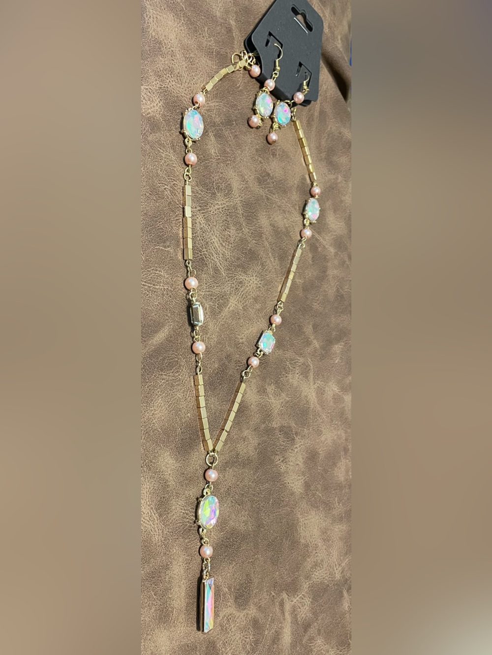 Gold-Tone Necklace & Earrings with Pink Pearls and Opal Crystal Accents